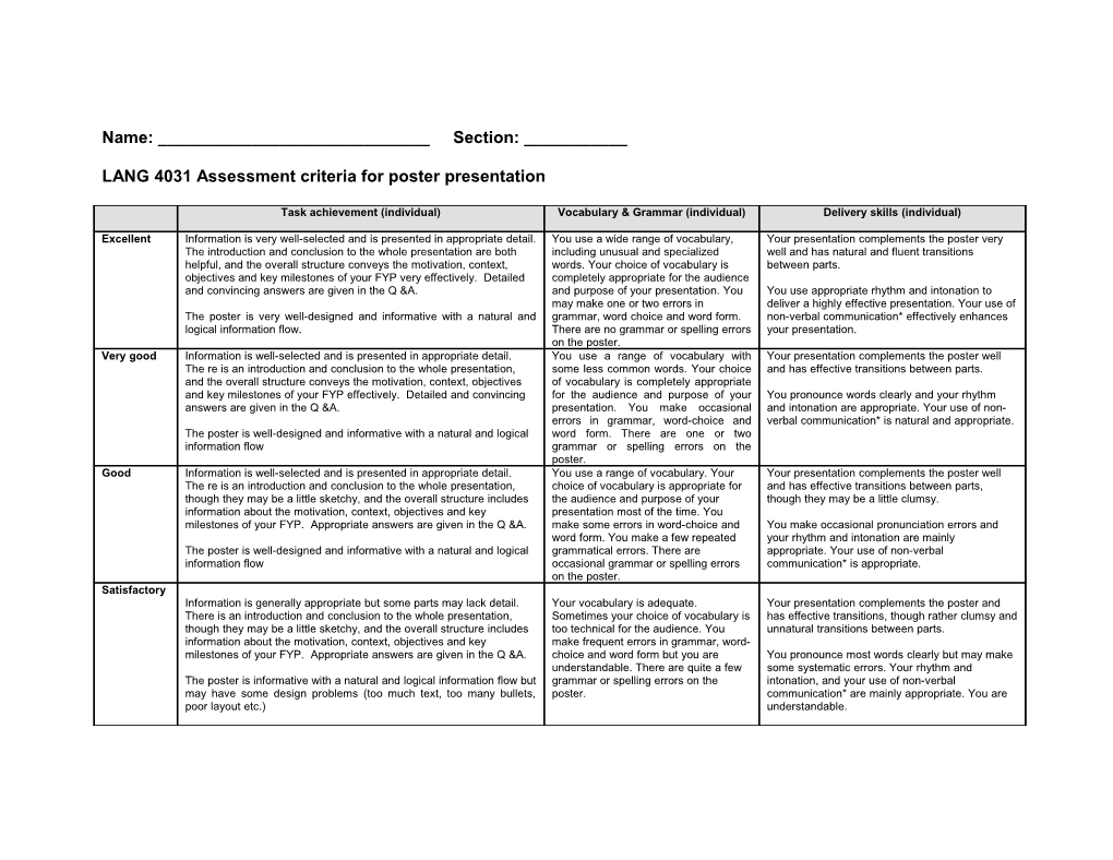 LANG 4031 Assessment Criteria for Poster Presentation