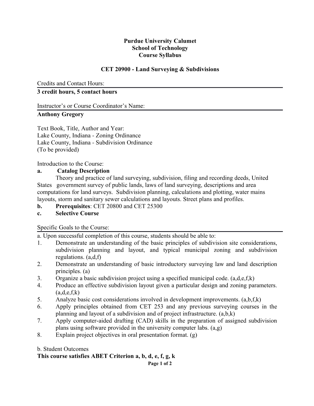 CET 20900 -Land Surveying & Subdivisions