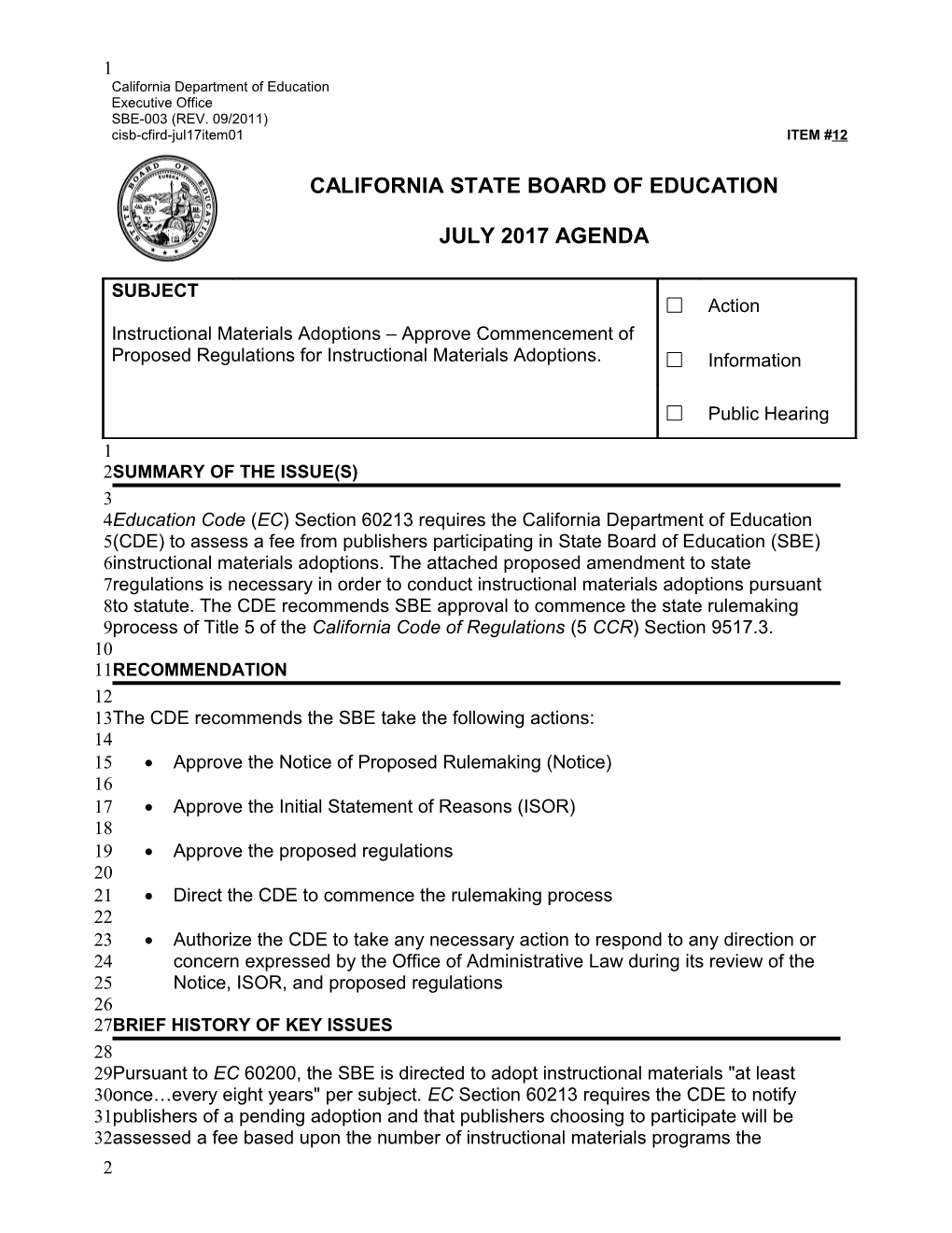 July 2017 Agenda Item 12 - Meeting Agendas (CA State Board of Education)