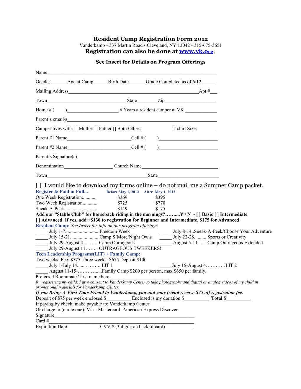 Resident Camp Registration Form 2011
