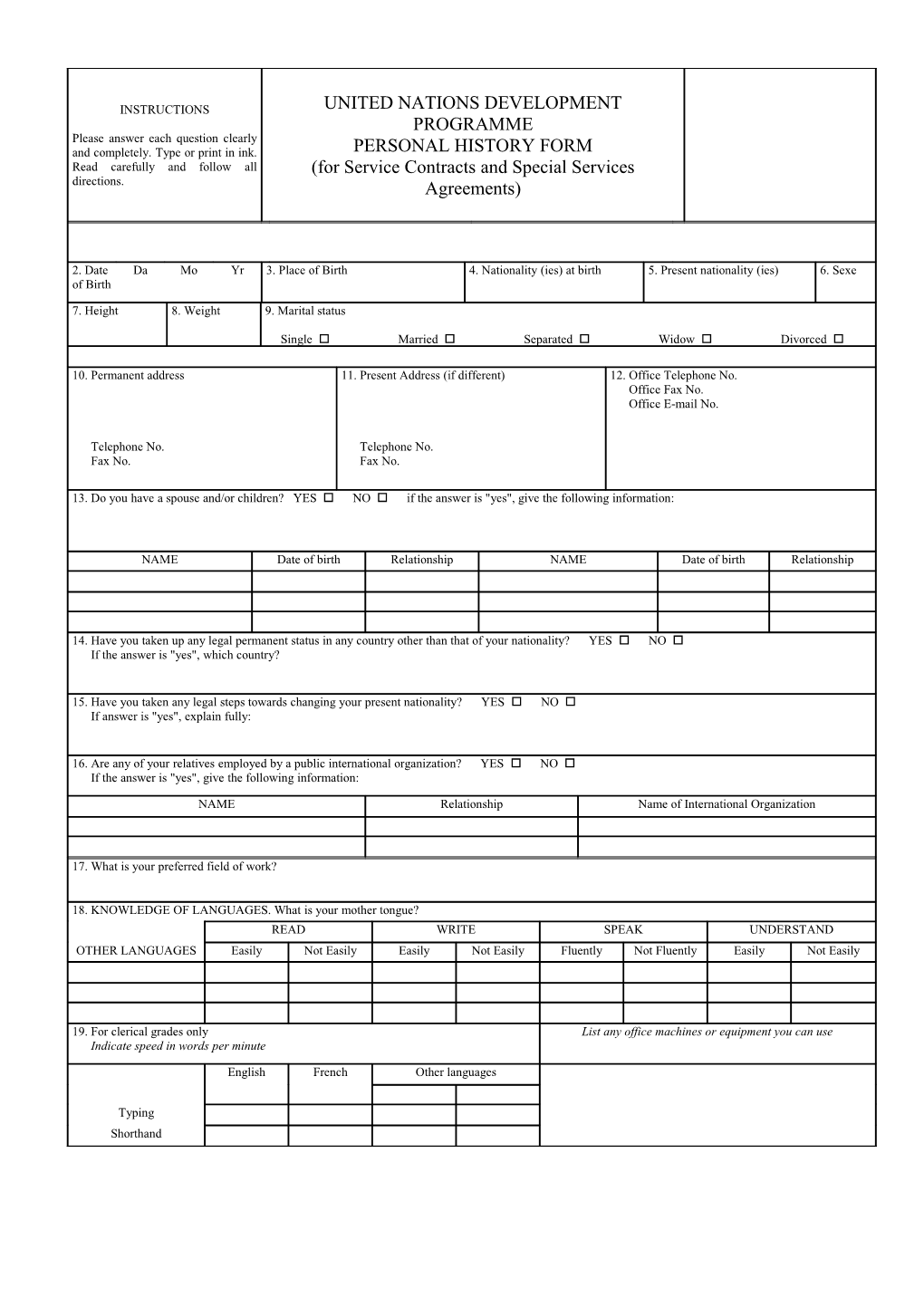 UN Personal History Form