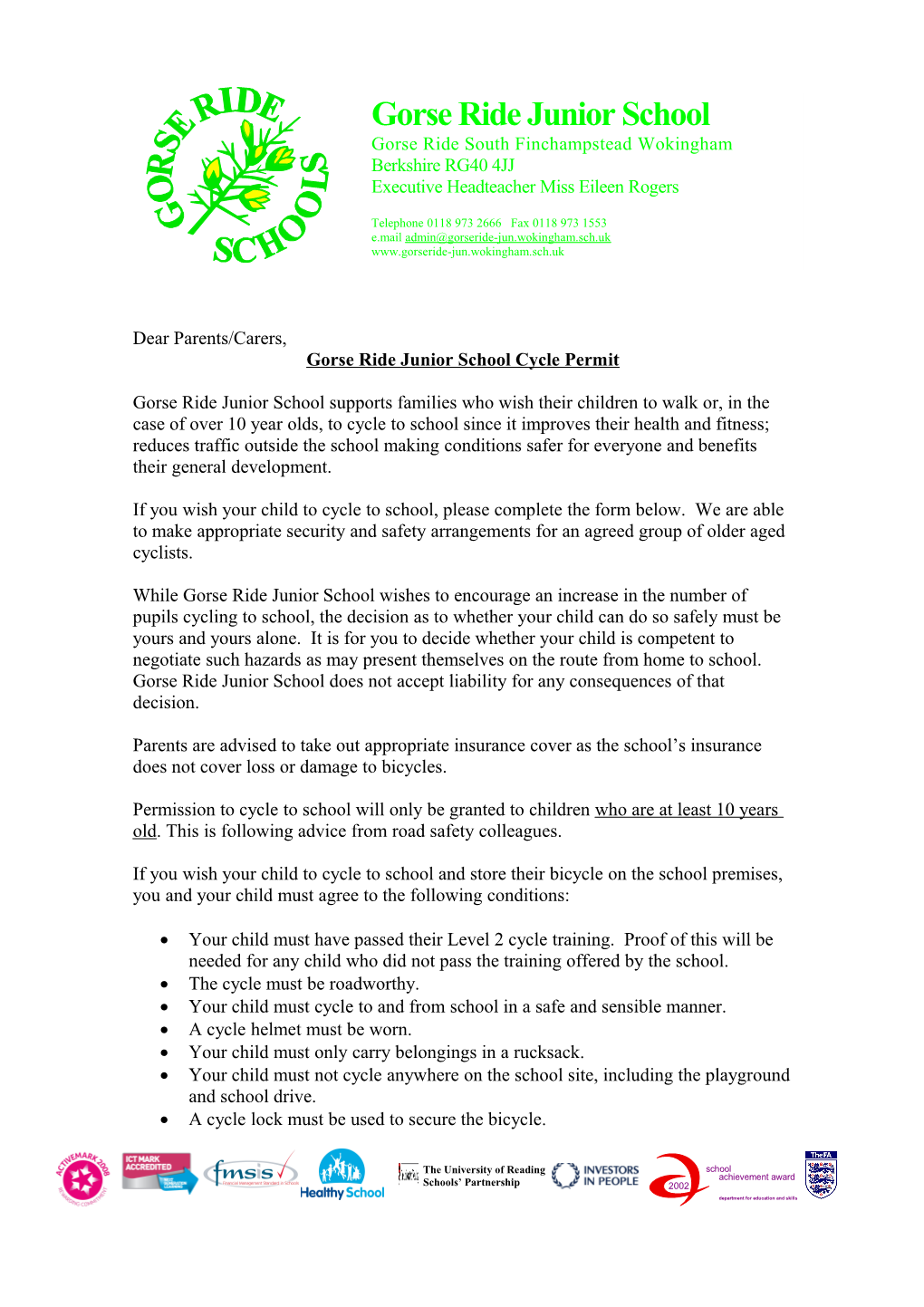 Gorse Ride Junior School Cycle Permit