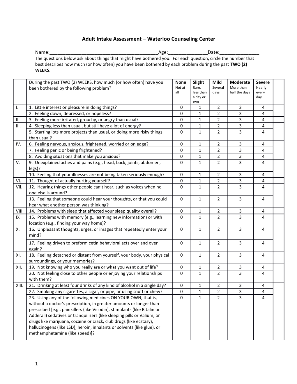 Adult Intake Assessment Waterloo Counseling Center