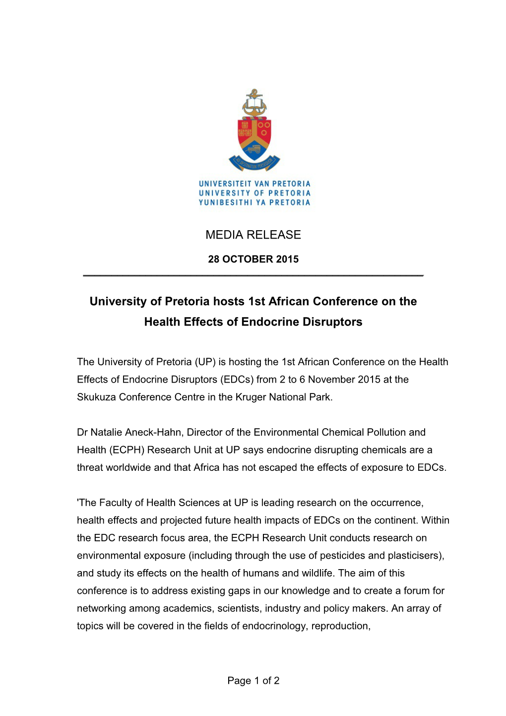 University of Pretoria Hosts 1St African Conference on the Health Effects of Endocrine