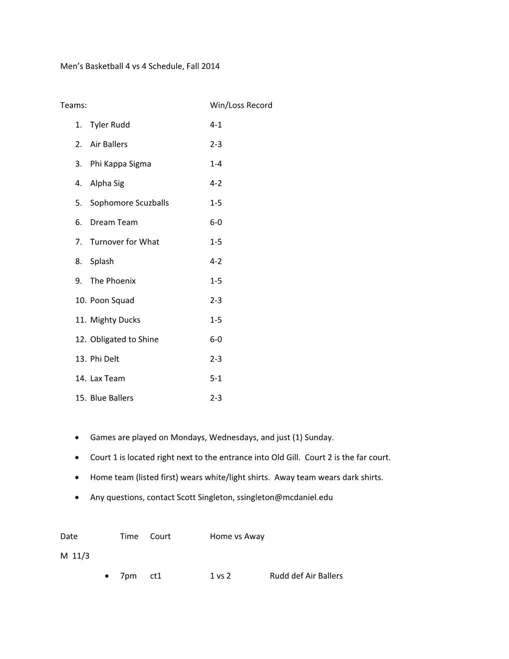 Men S Basketball 4 Vs 4 Schedule, Fall 2014