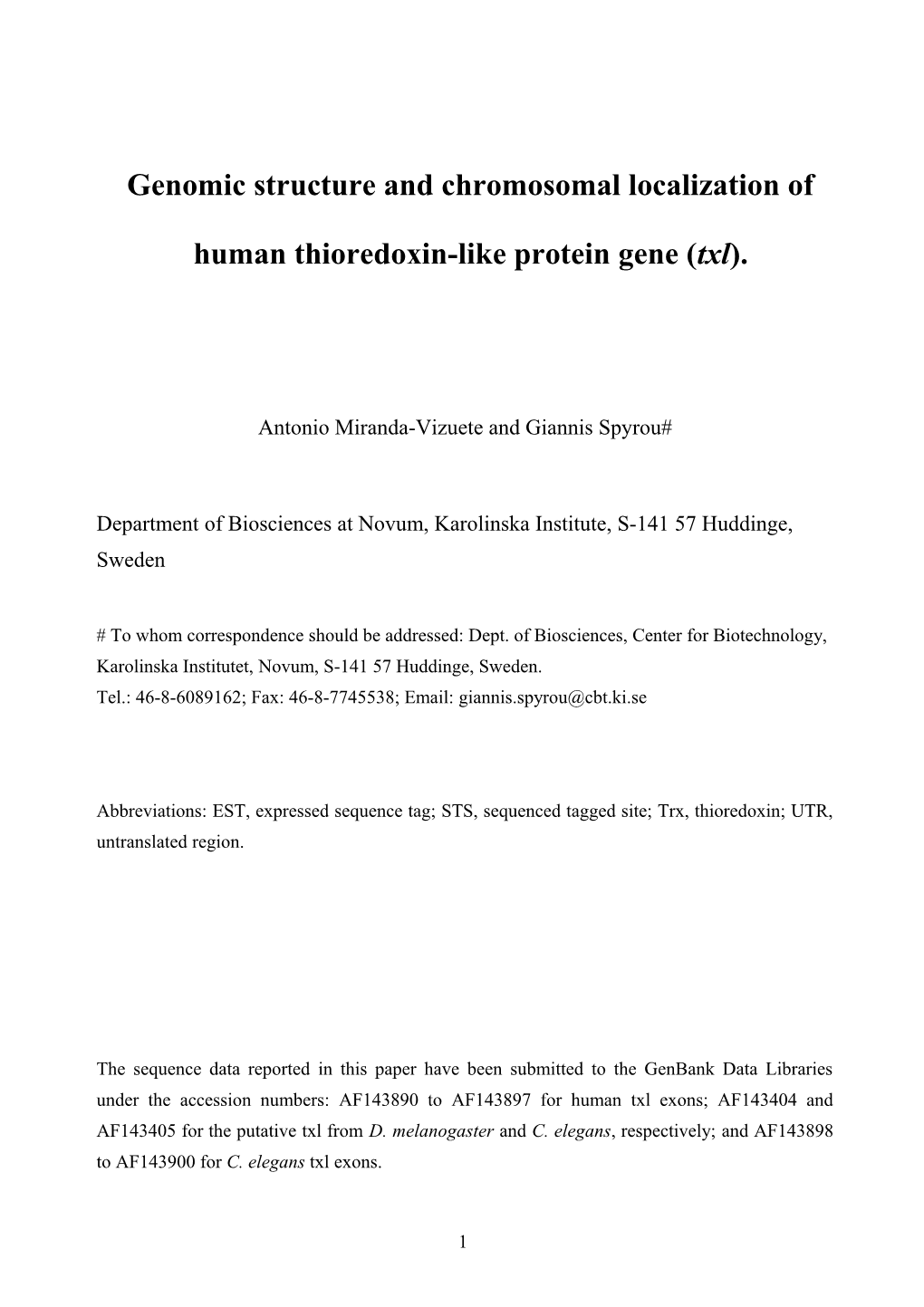 Cdna Cloning, Expression and Chromosomal Localization of the Mouse Mitochondrial Thioredoxin