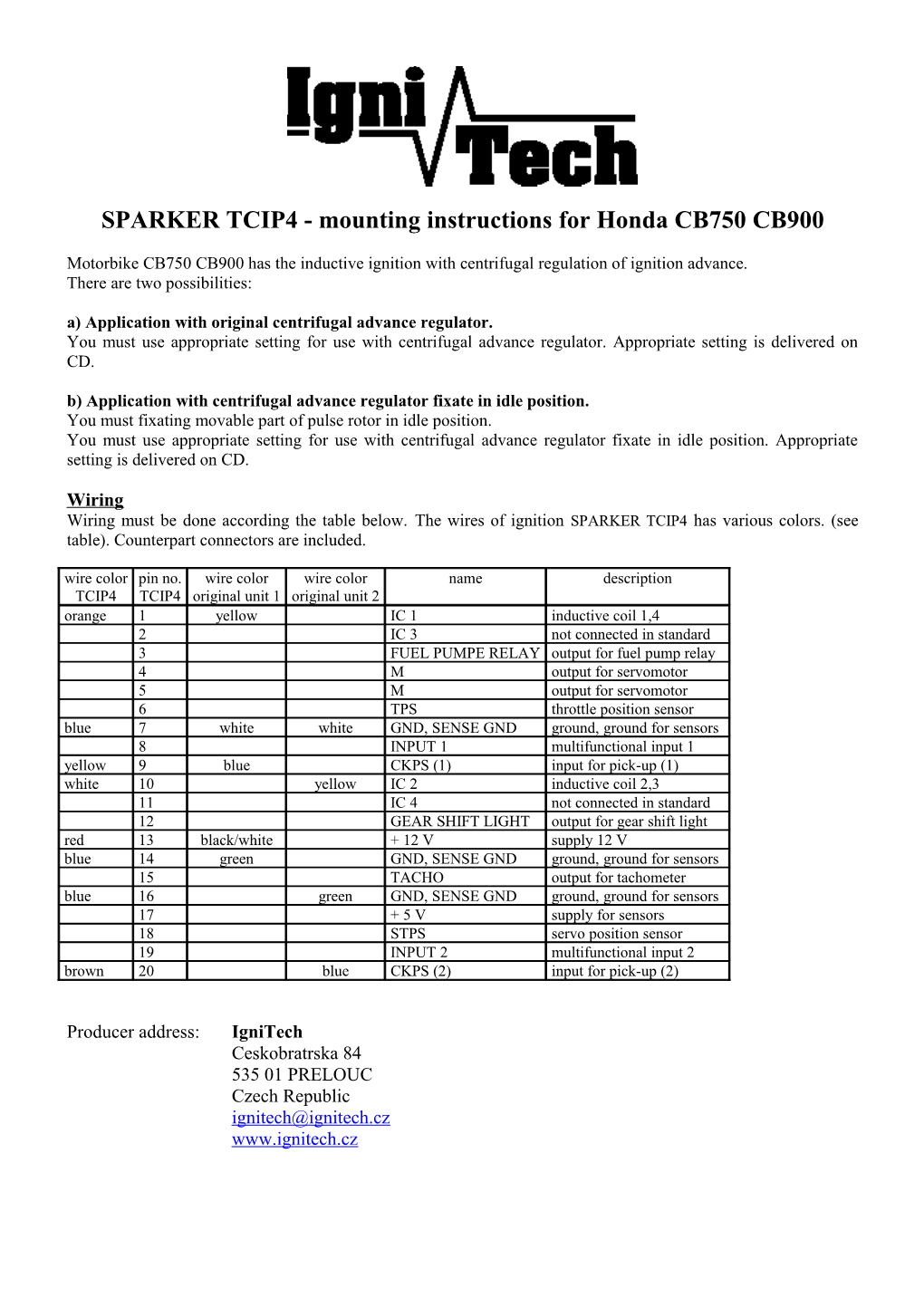 SPARKER TCIP4 - Mounting Instructions for Honda CB750 CB900