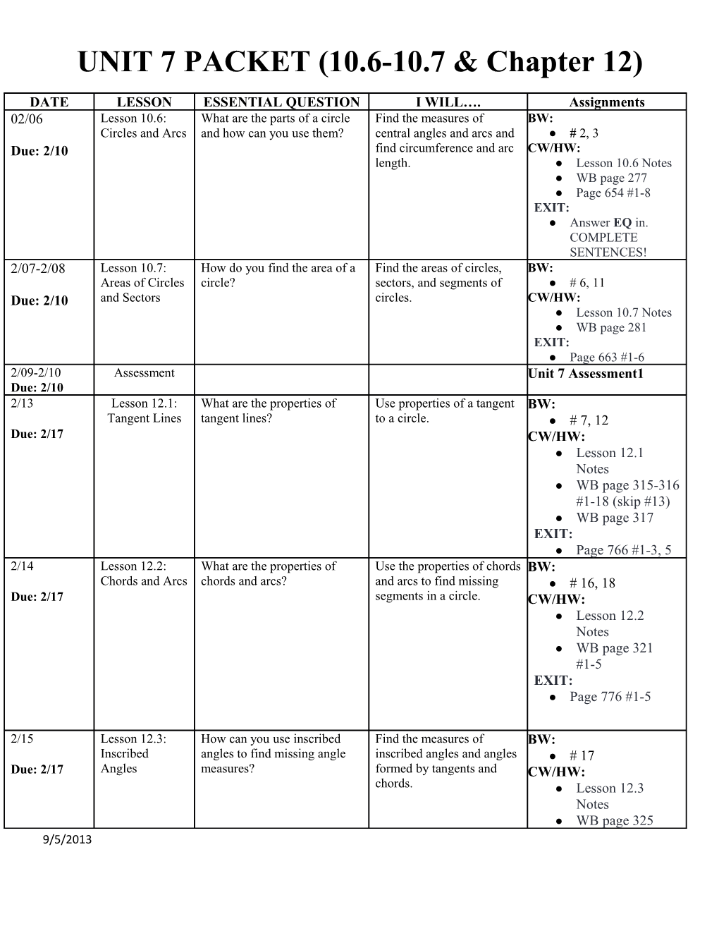 UNIT 7 PACKET (10.6-10.7 & Chapter 12)