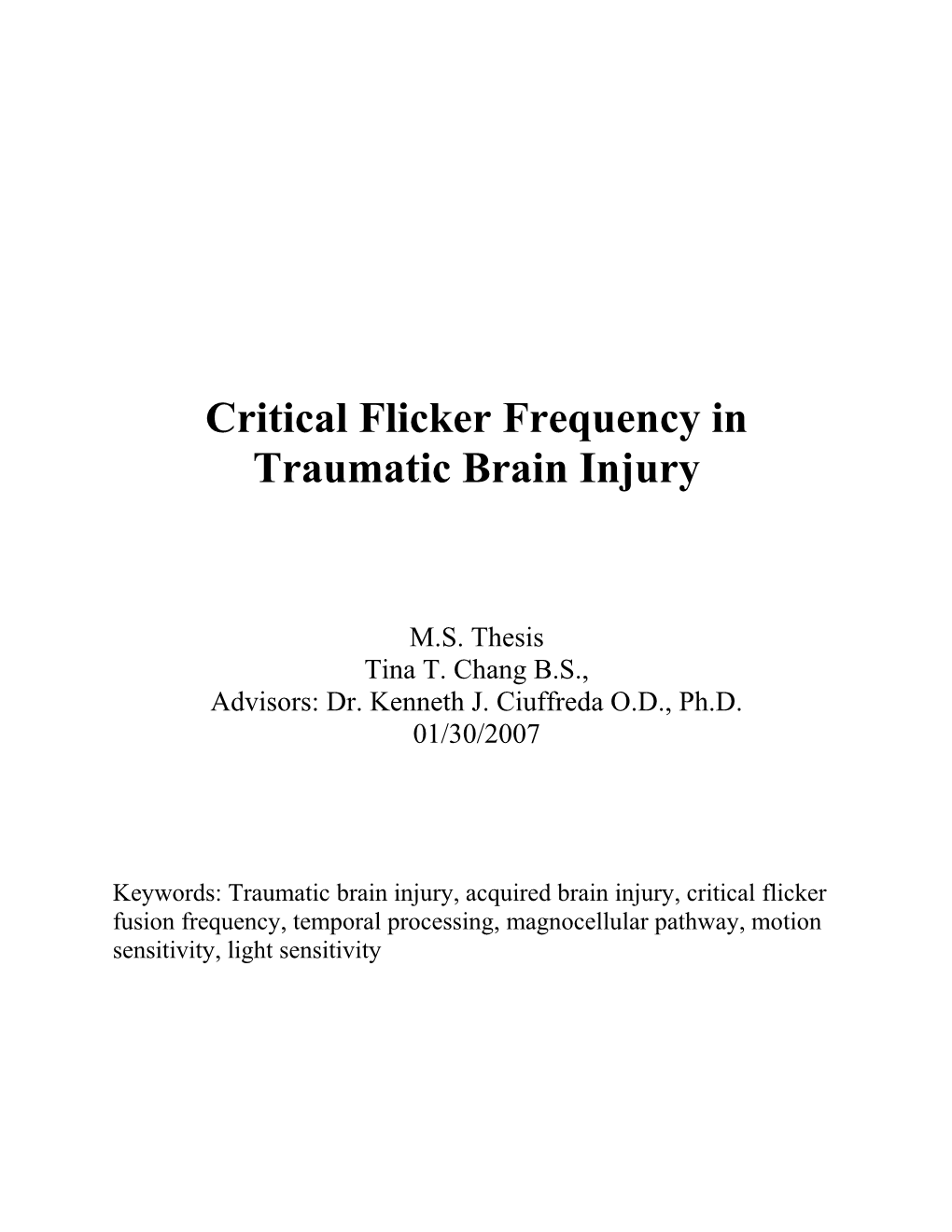 Critical Flicker Frequency in Traumatic Brain Injury