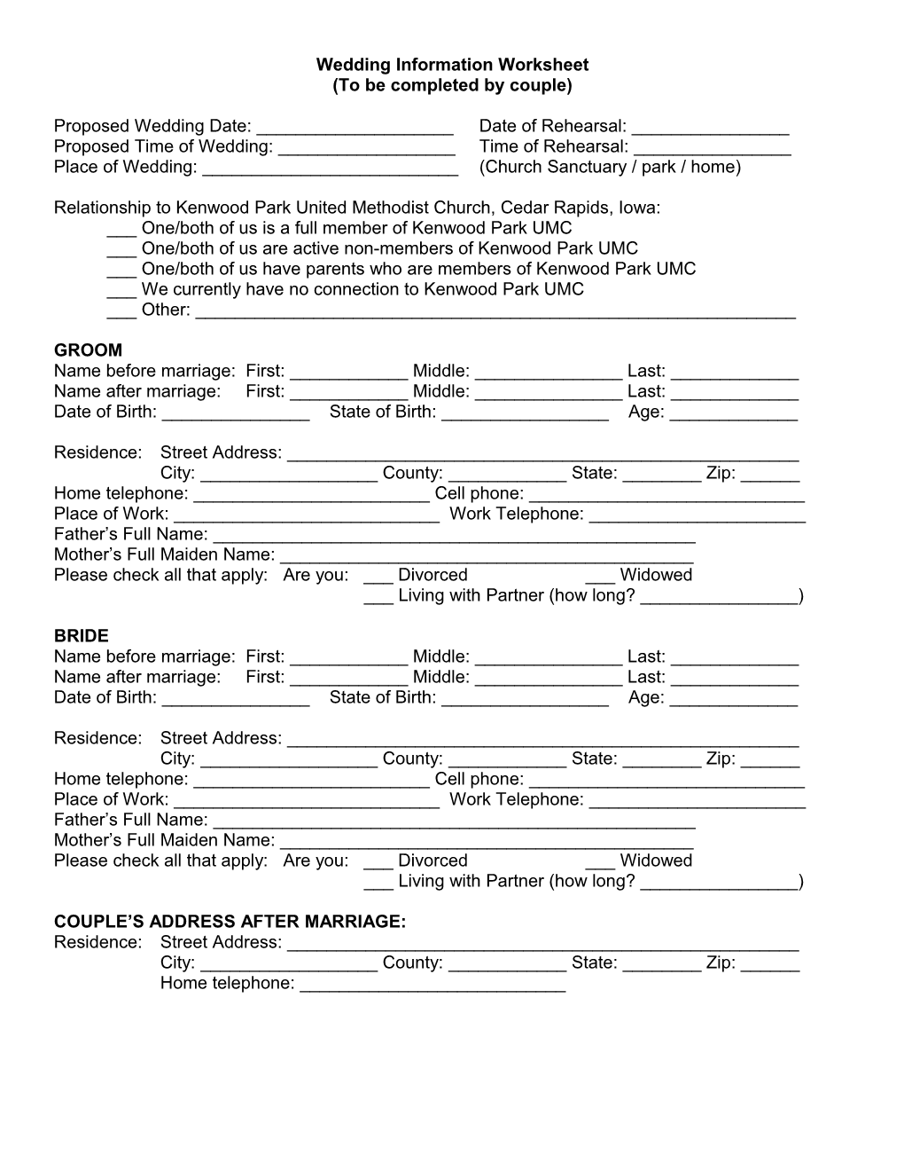 Wedding Information Worksheet