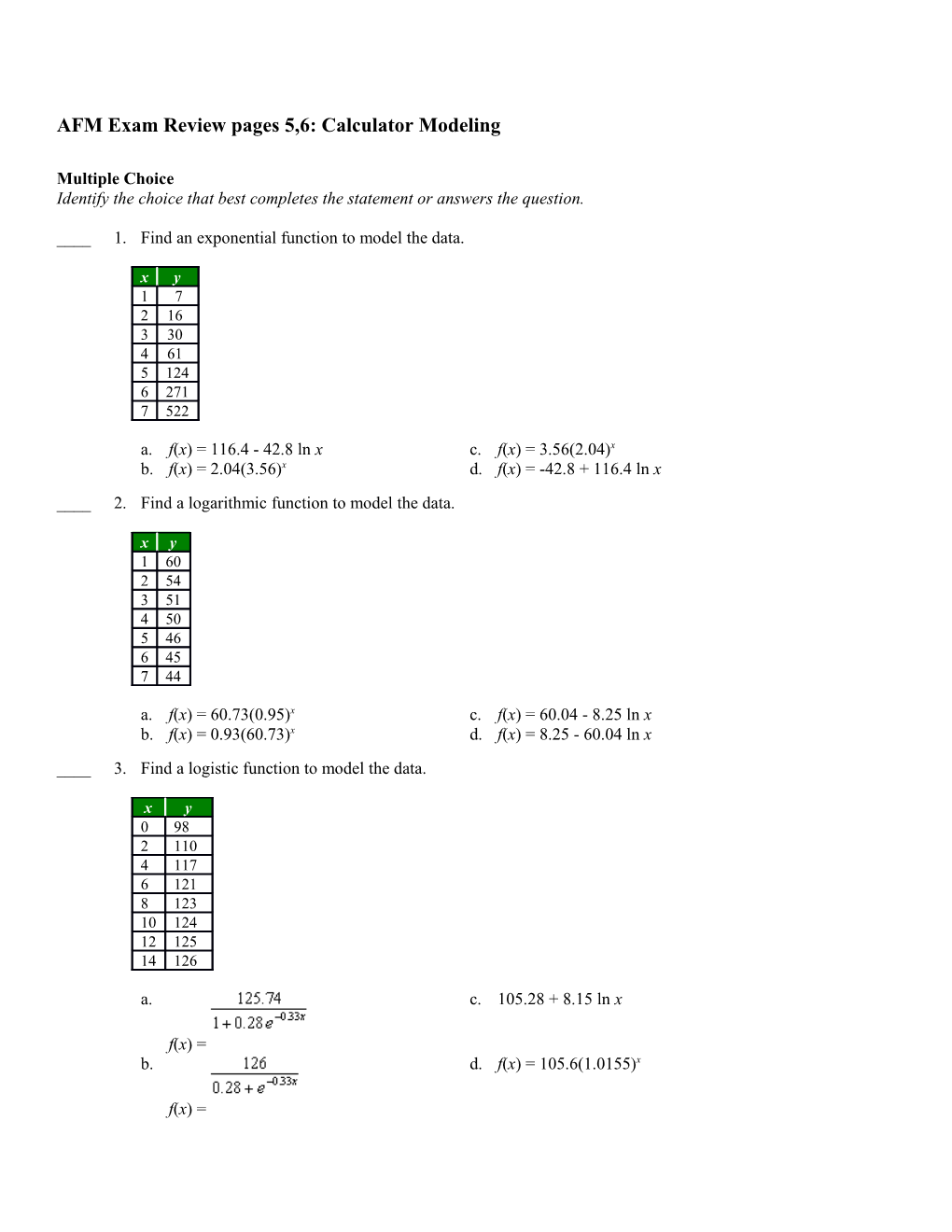 AFM Exam Review Pages 5,6: Calculator Modeling