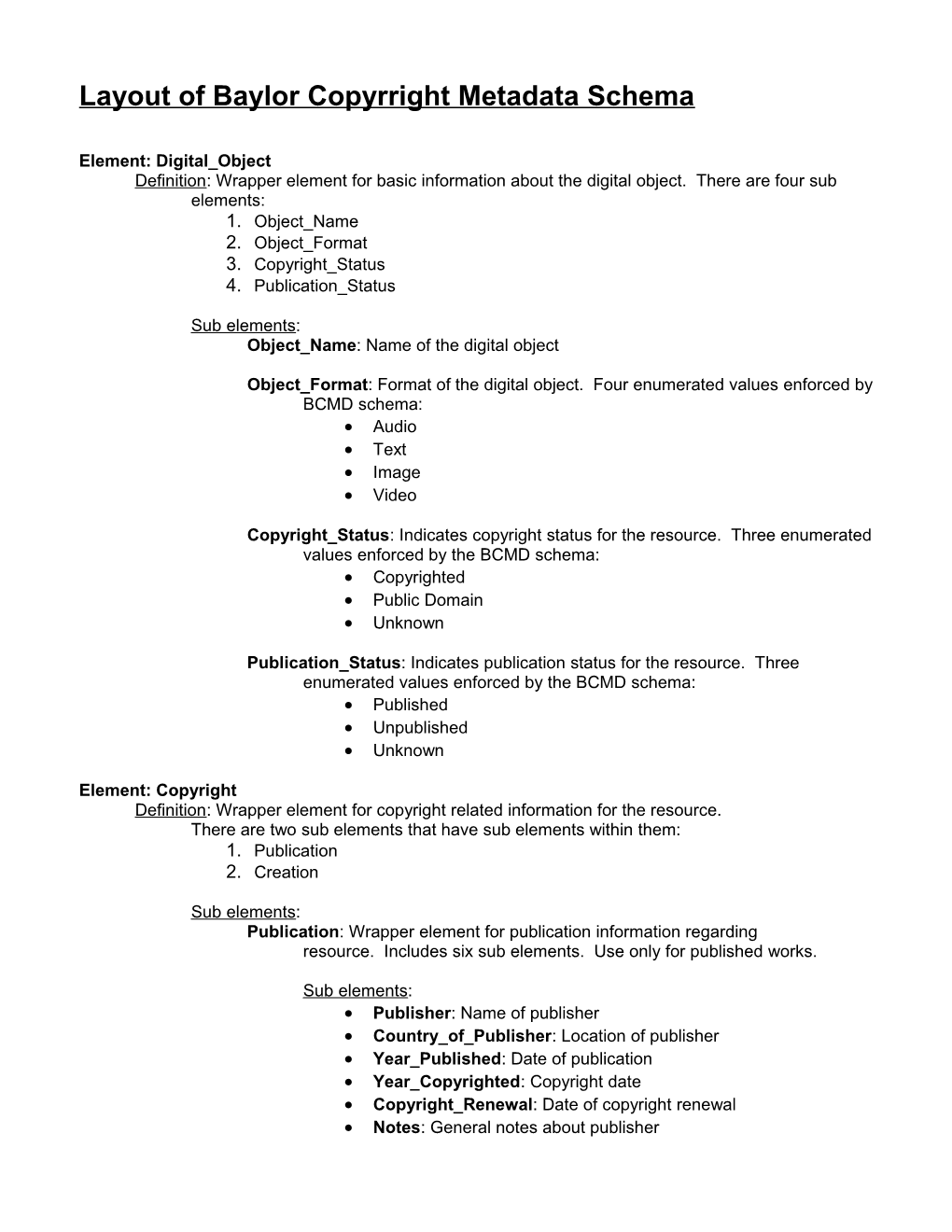 Layout of Baylor Copyrright Metadata Schema