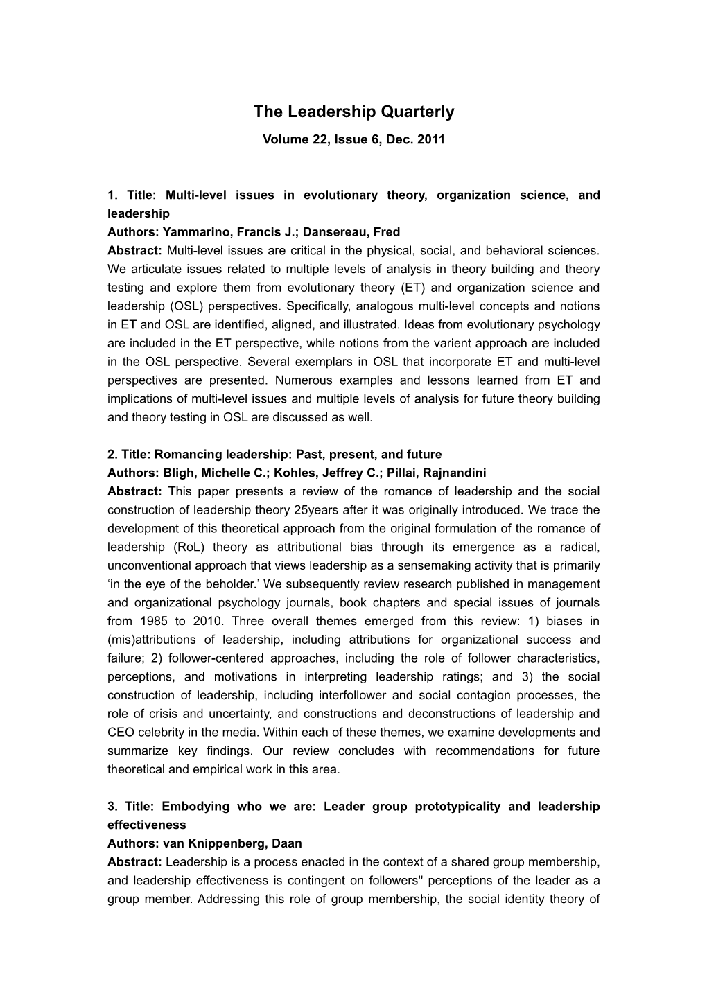 1. Title: Multi-Level Issues in Evolutionary Theory, Organization Science, and Leadership