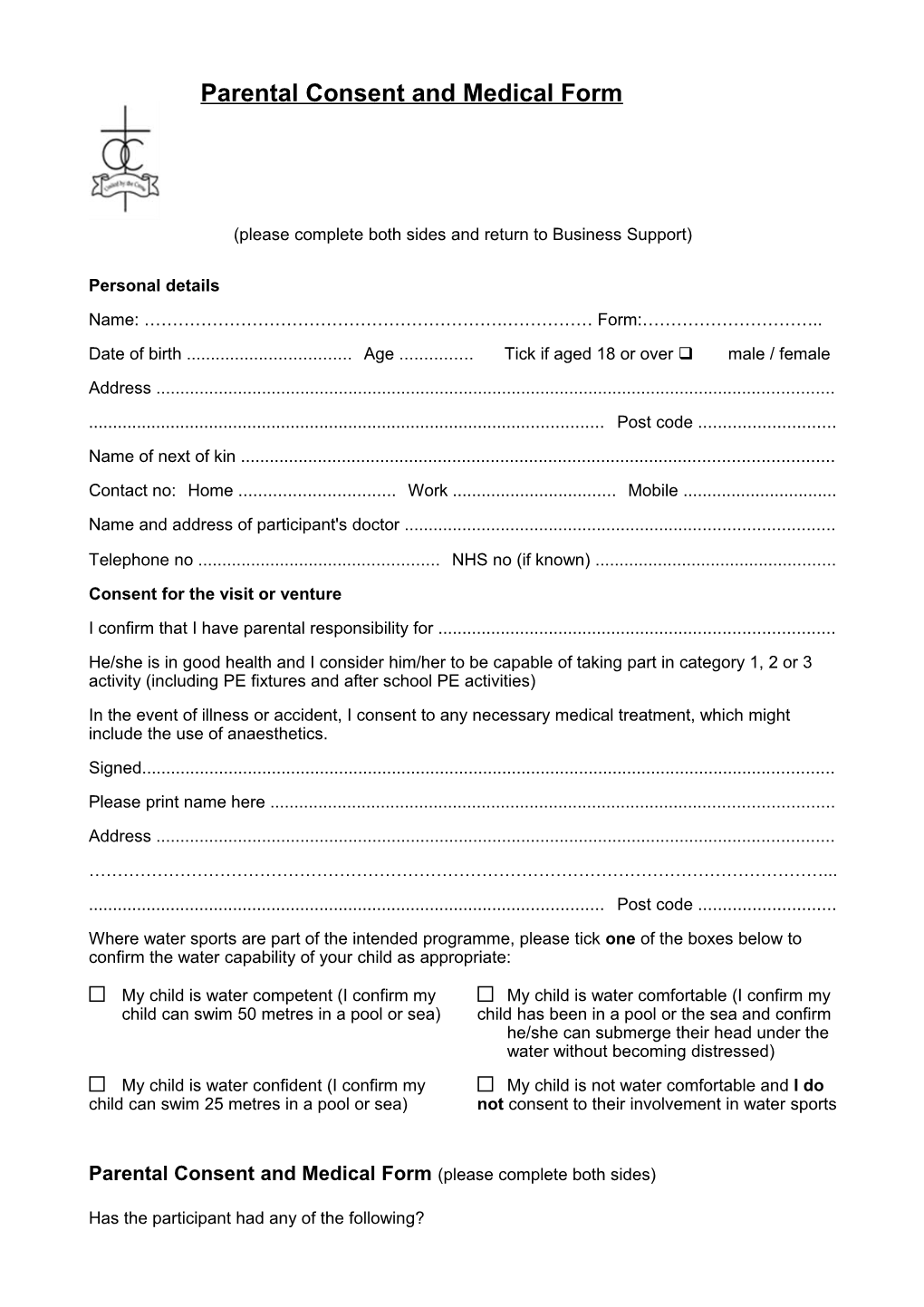 Confidential Medical Questionnaire Off-Site Activities