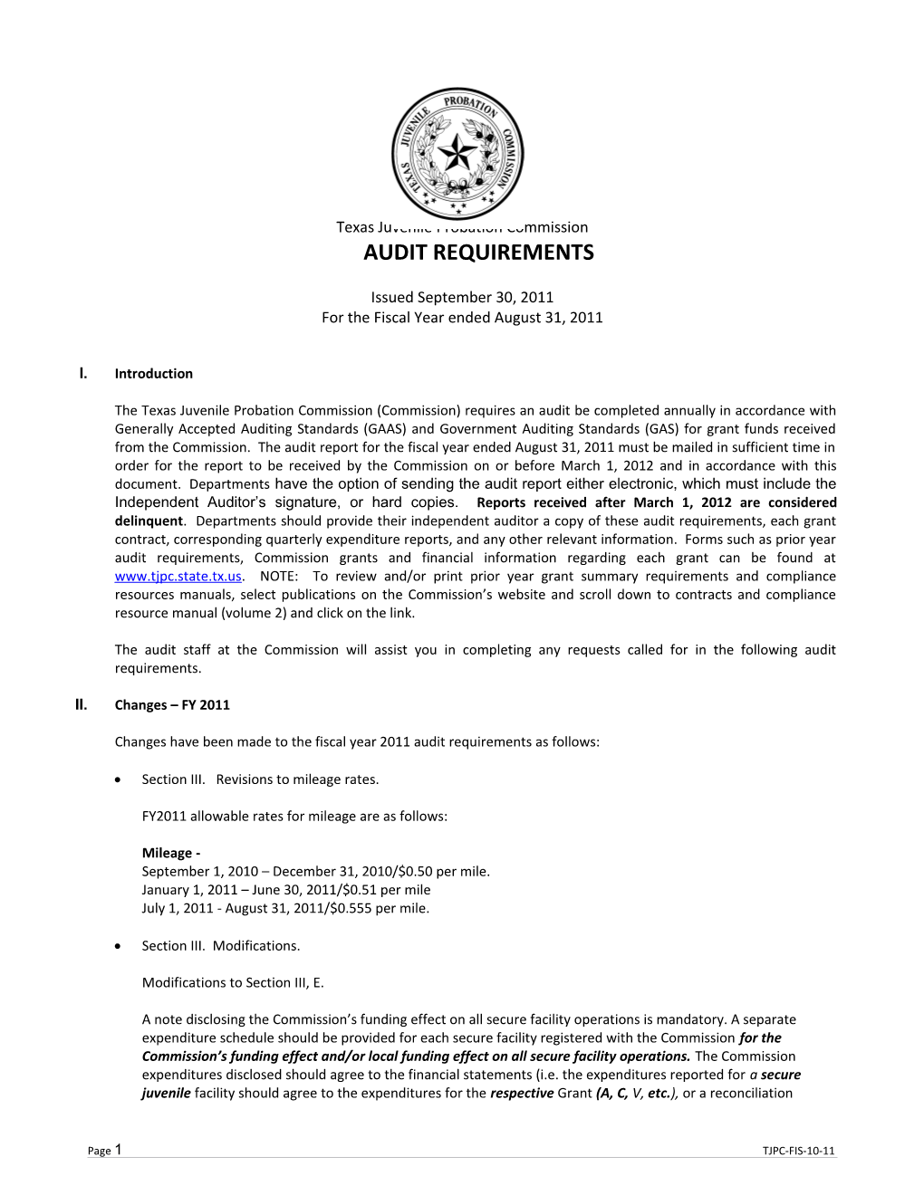 Texas Juvenile Probation Commissionaudit REQUIREMENTS