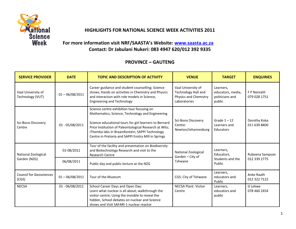 Schedule for National Science Week Activities 2010