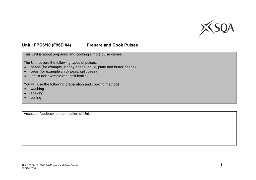 Unit 1FPC6/10 (F96D 04)Prepare and Cook Pulses
