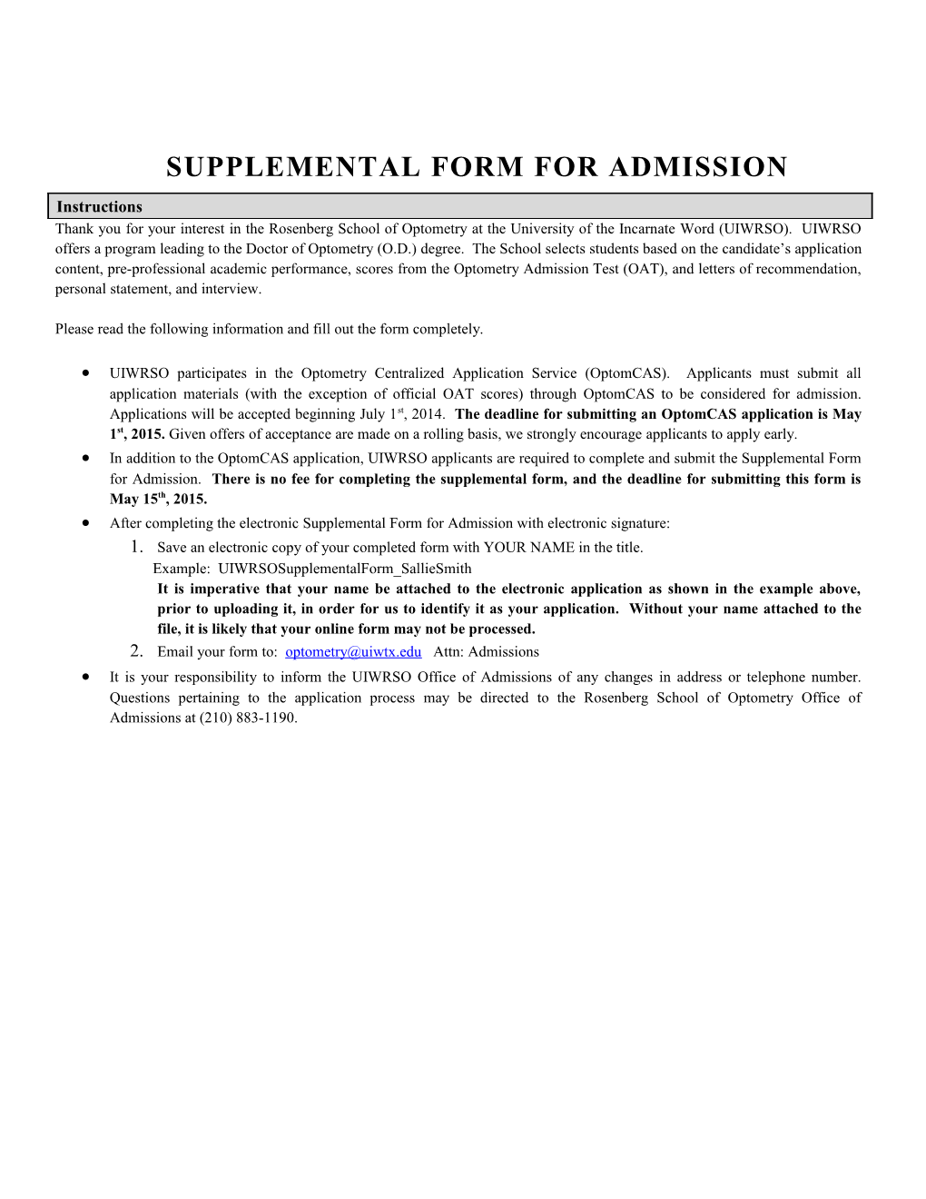 Supplemental Form for Admission