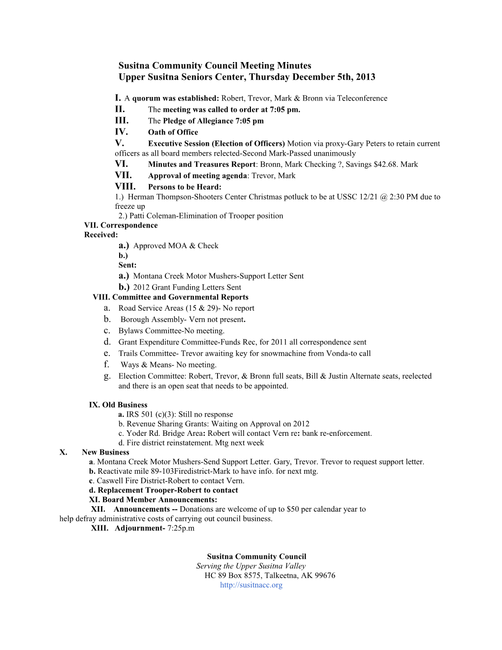 Susitna Community Council Meeting Minutes