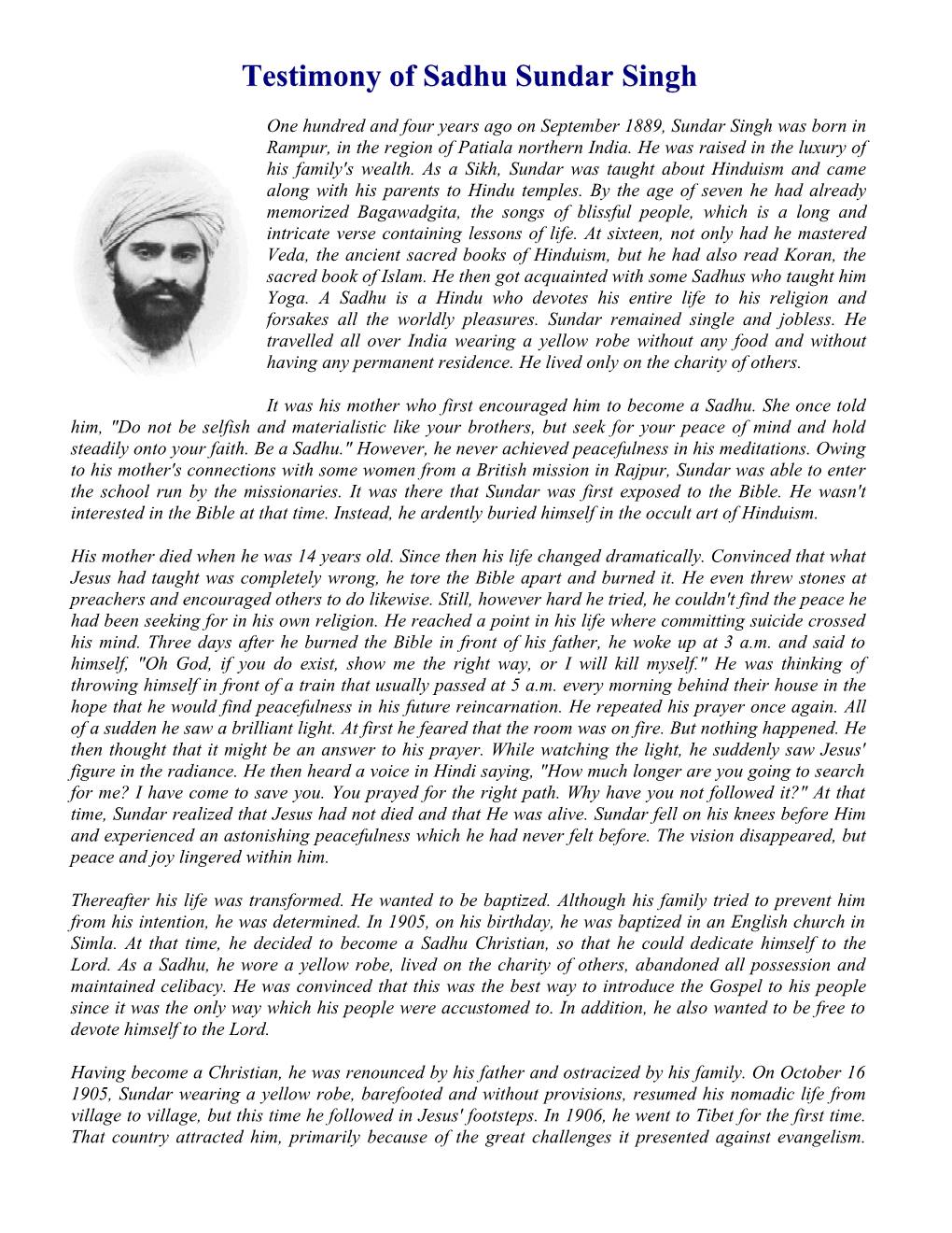 Testimony of Sadhu Sundar Singh