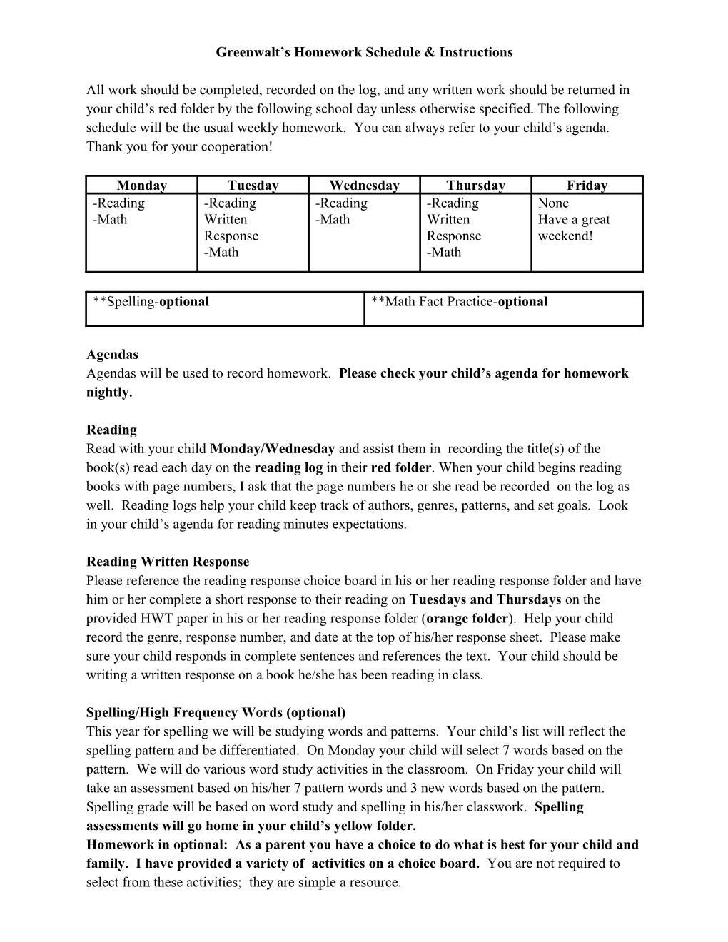 Greenwalt S Homework Schedule & Instructions