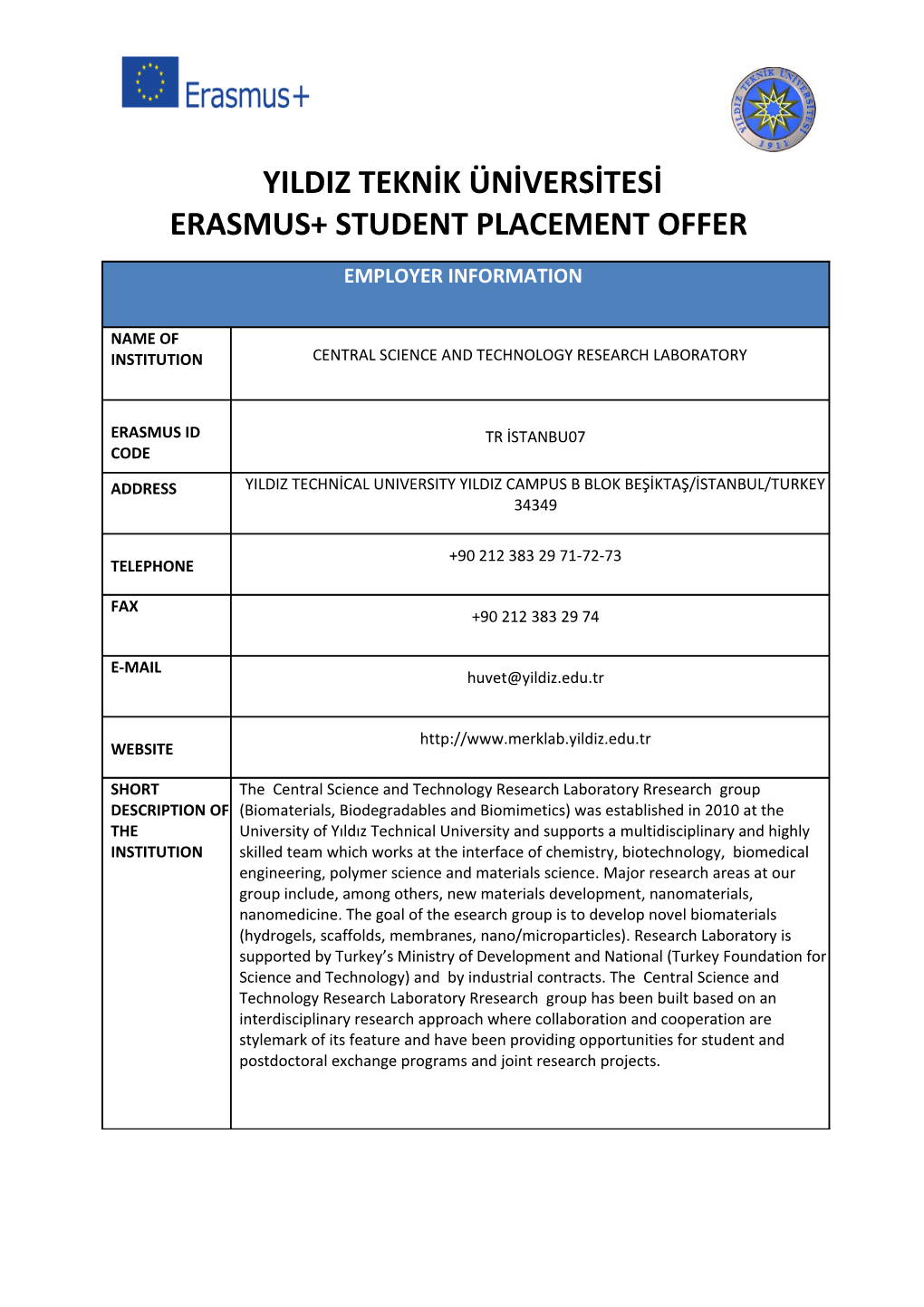Erasmus+ Student Placement Offer