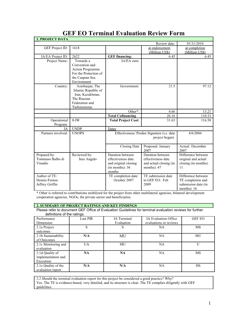 GEF EO Verification Evaluation Review Form