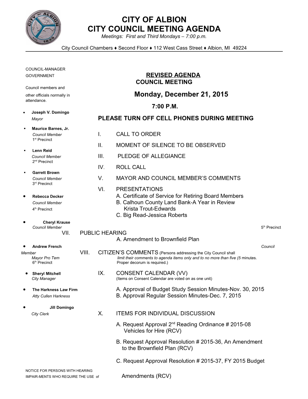 City Council Meeting Agenda s1