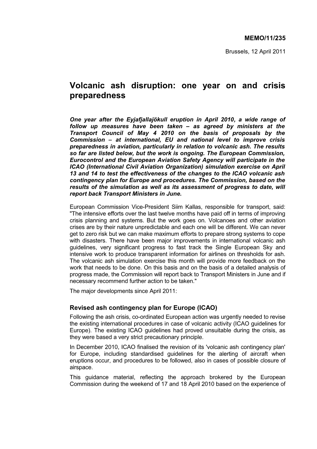 Volcanic Ash Disruption: One Year on and Crisis Preparedness