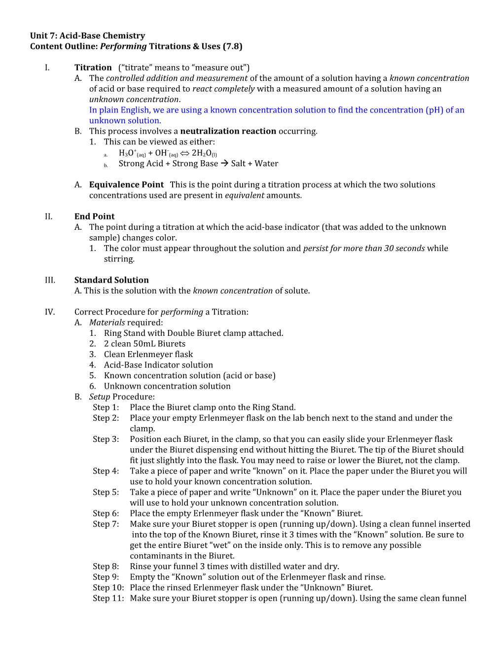 Unit 7: Acid-Base Chemistry