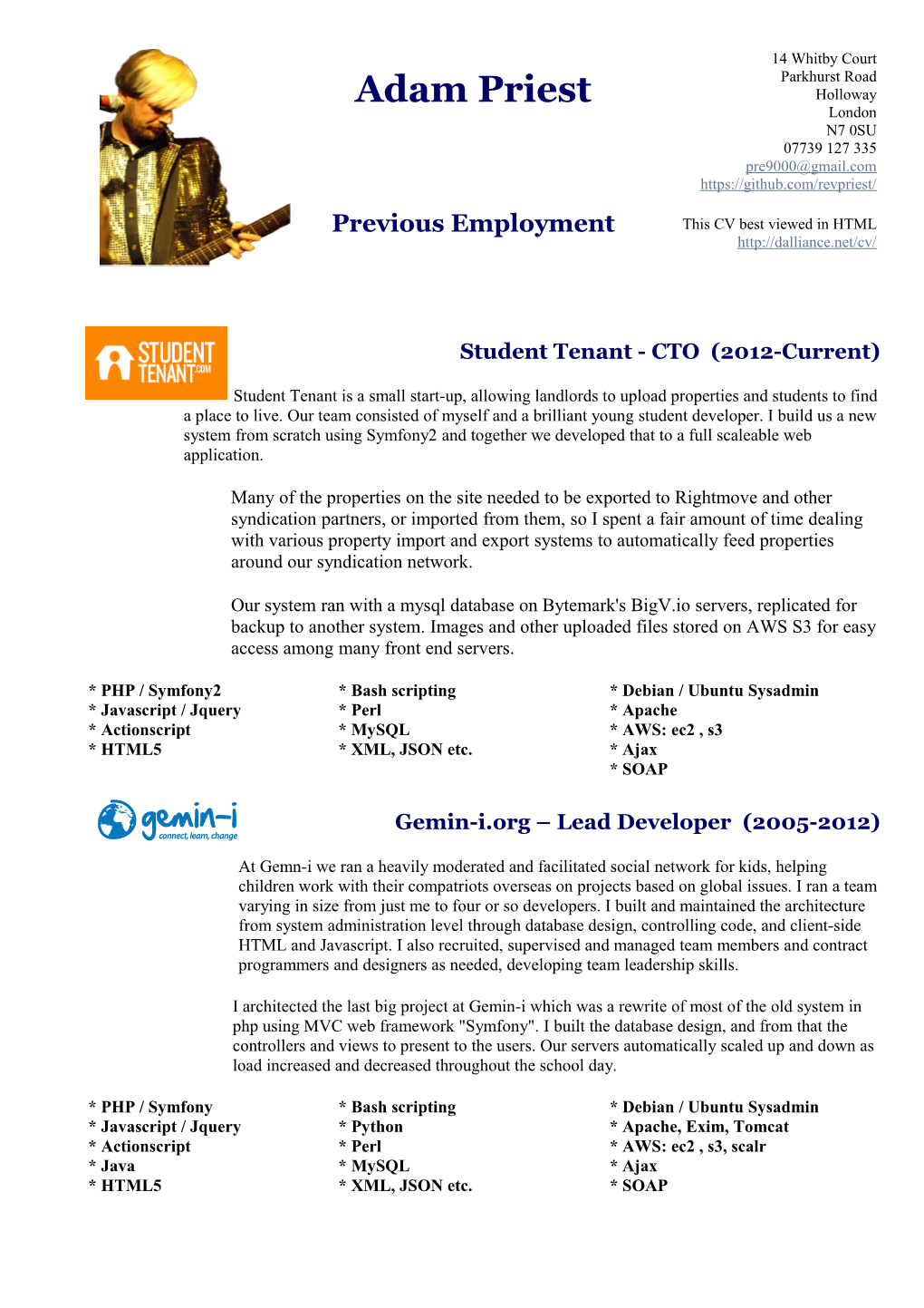 Adam Priest's CV