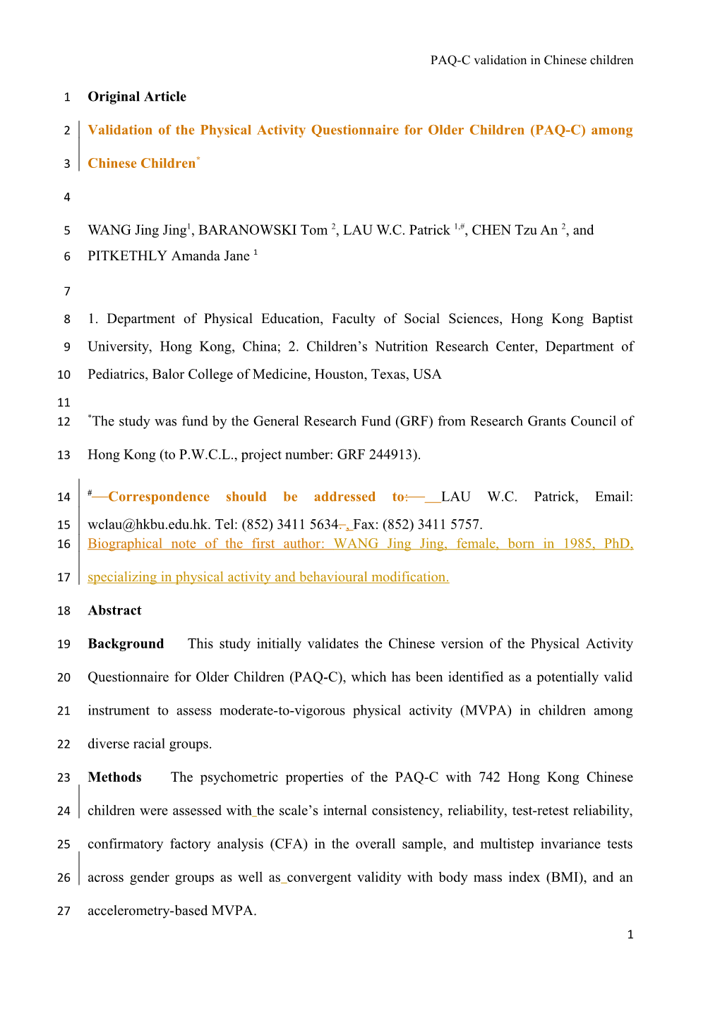 PAQ-C Validation in Chinese Children