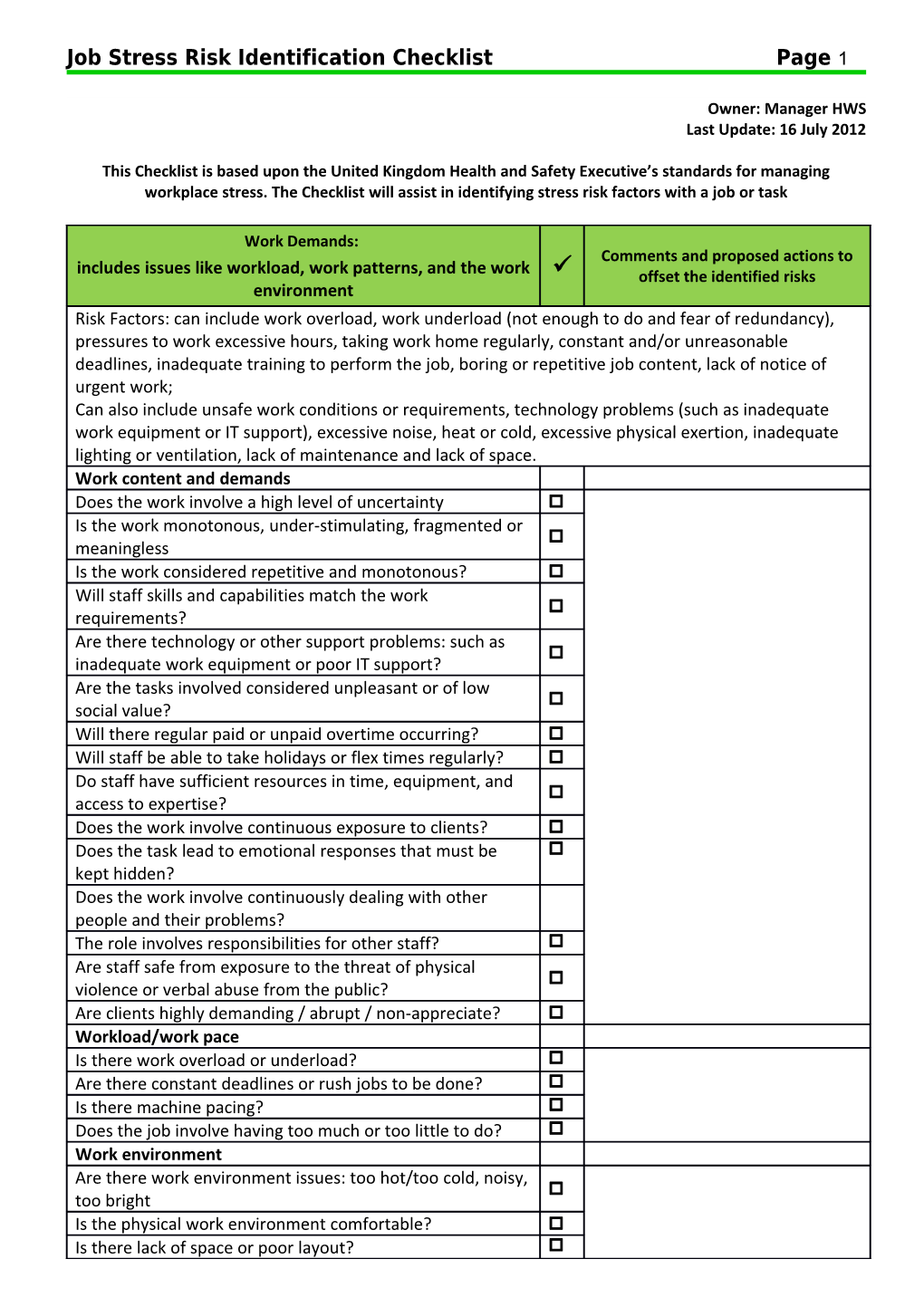 Job Stress Risk Identification Checklistpage 1