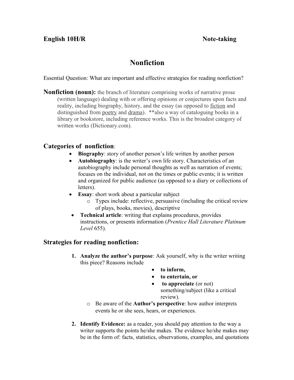 Essential Question: What Are Important and Effective Strategies for Reading Nonfiction?