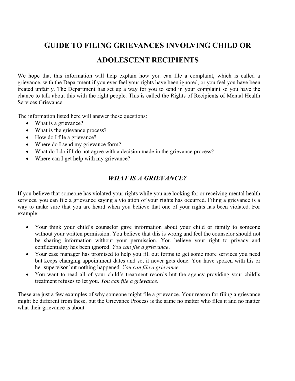 Informal Grievances Involving Child Or Adolescent Recipients