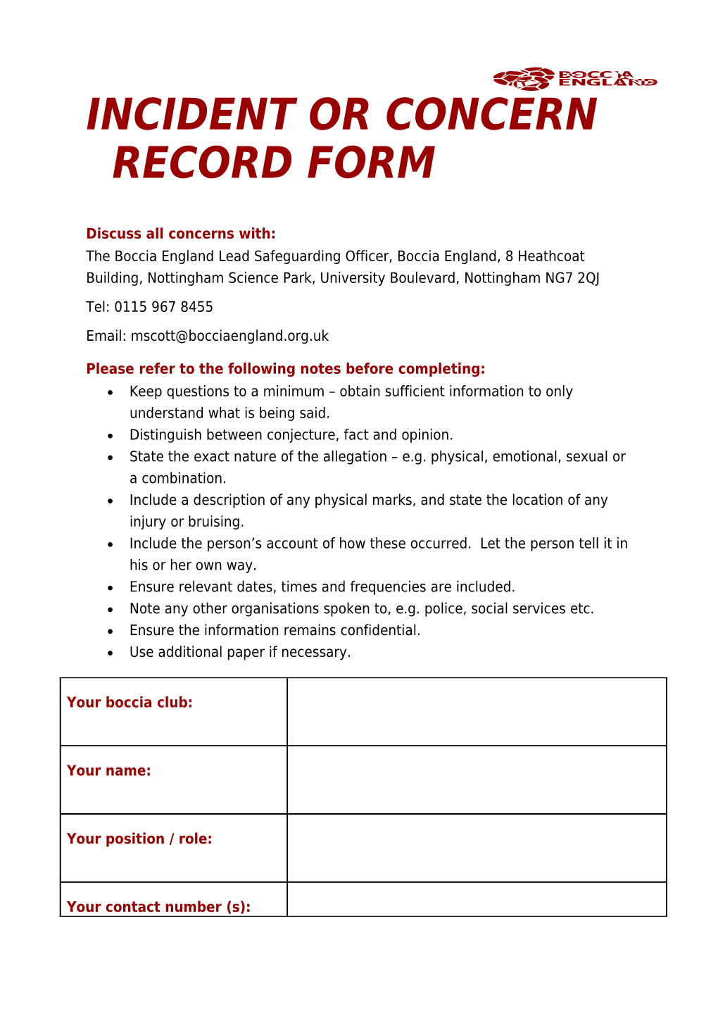 Incident Or Concern Record Form