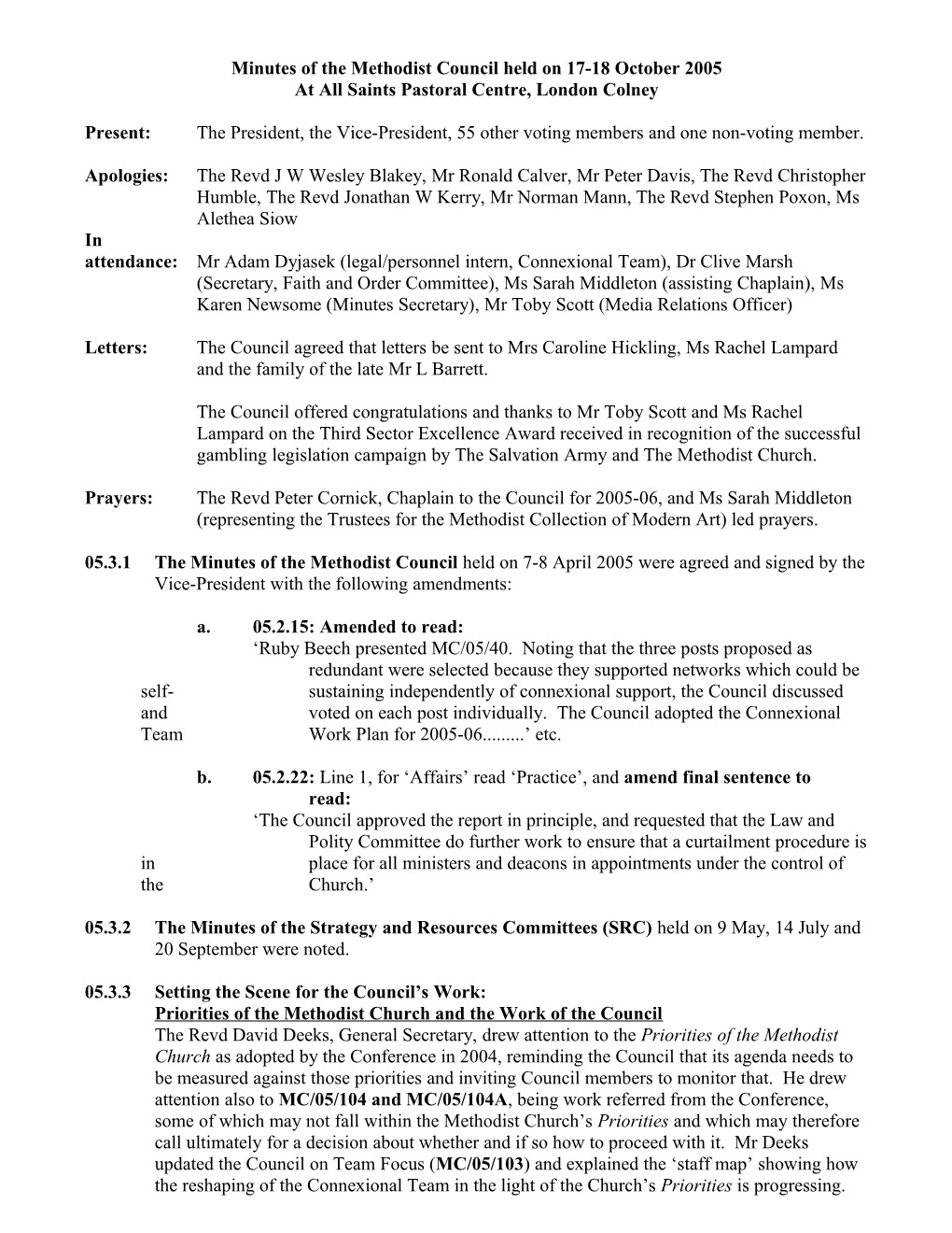 Minutes of the Methodist Council Held on 17-18 October 2005