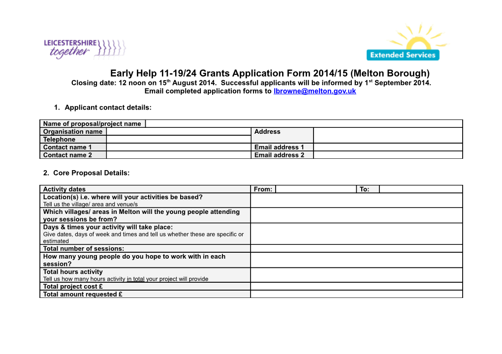 Early Help Grants Application Form 2014/15