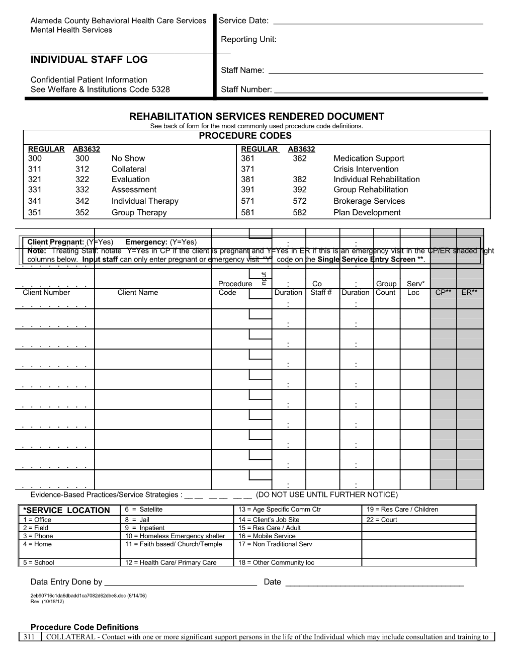 Alameda County Behavioral Health Care Data Entry Initials
