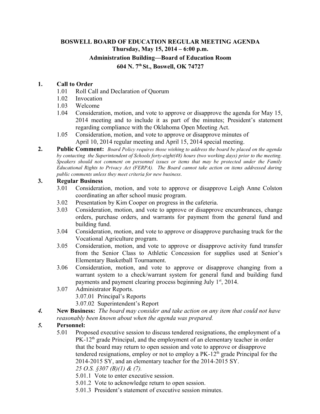 Boswell Board of Education Regular Meeting Agenda