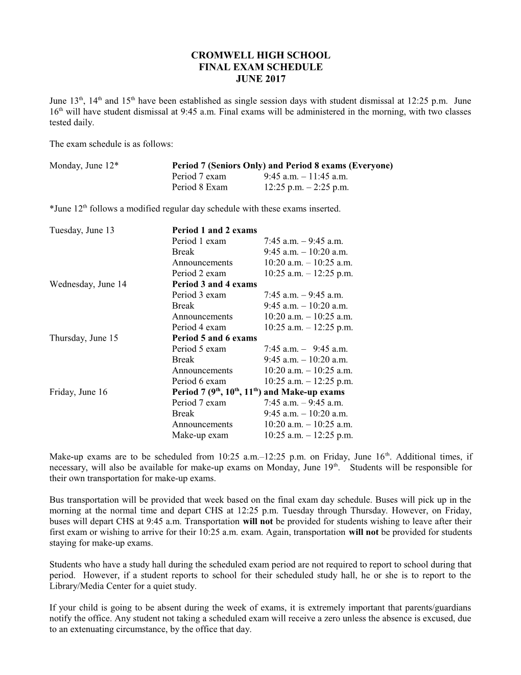 Final Exam Schedule January, 2005