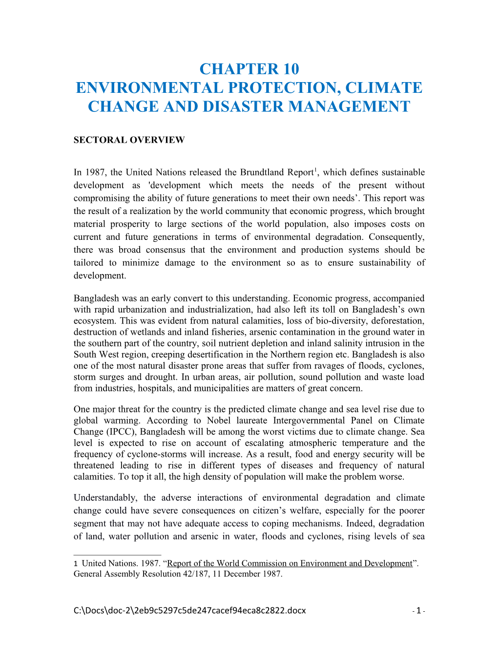 Environmental Protection, Climate Change and Disaster Management