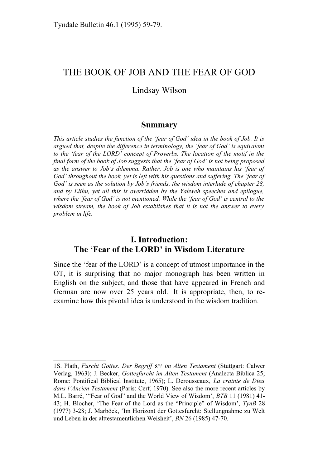 The Book of Job and the Fear of God