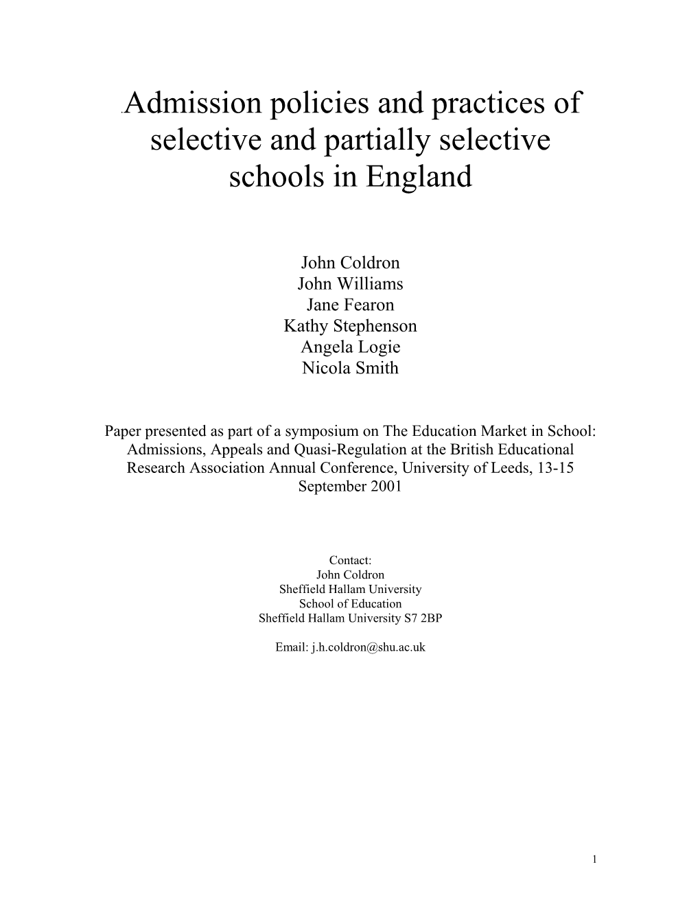 Admission Policies and Practices of Selective and Partially Selective Schools in England