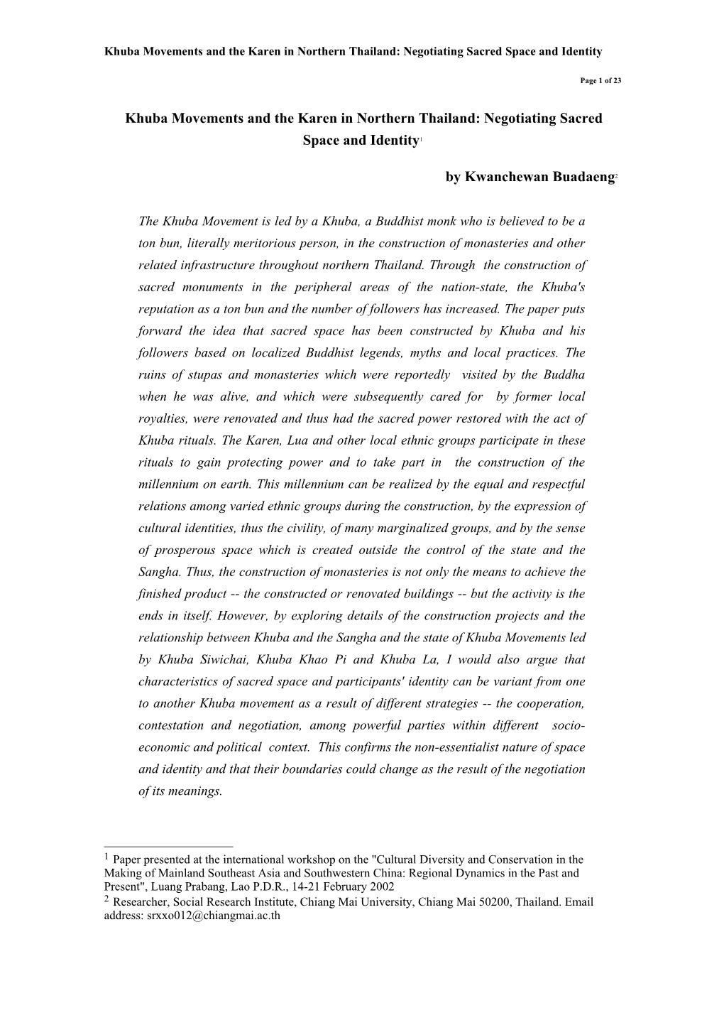 Khuba Movements and the Karen in Northern Thailand: Negotiating Sacred Space and Identity