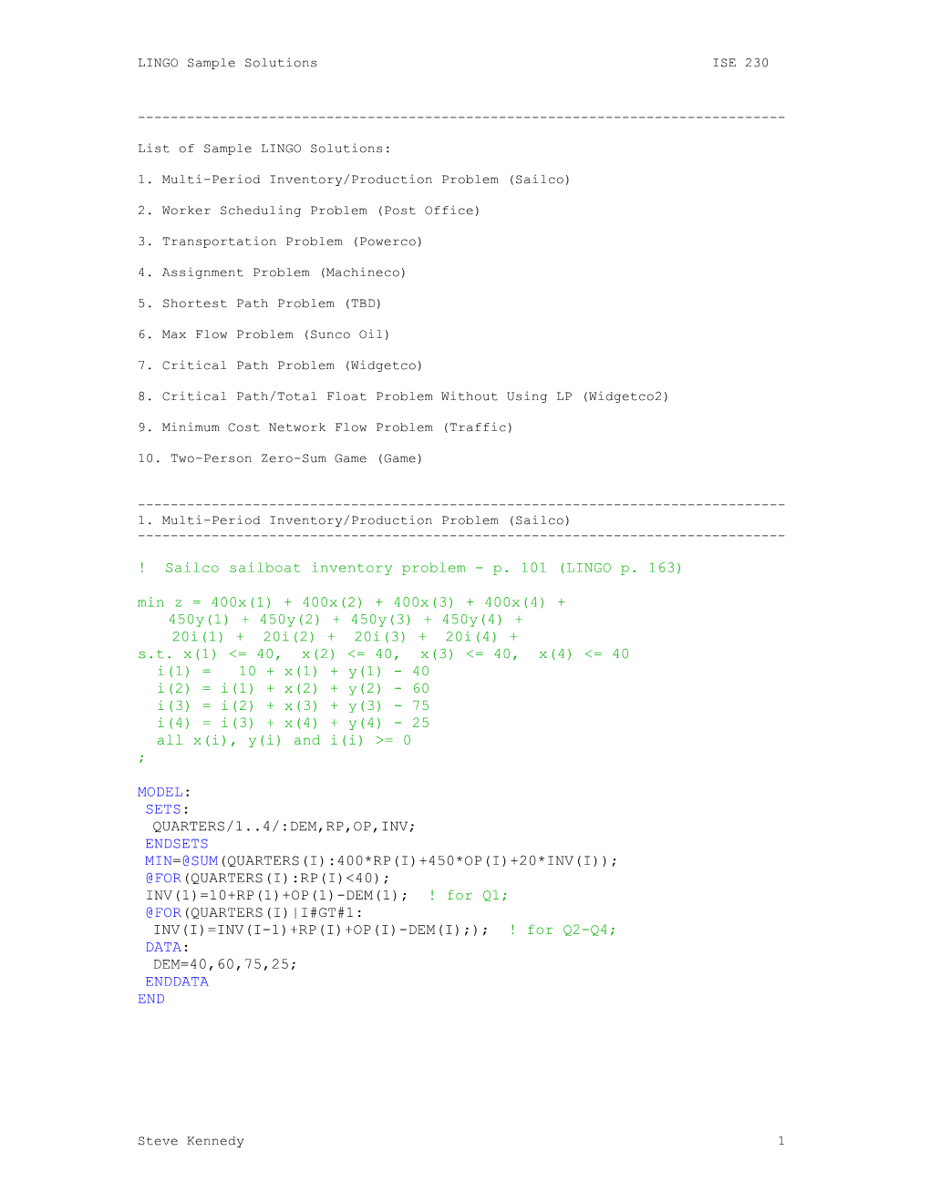LINGO Sample Solutions ISE 230