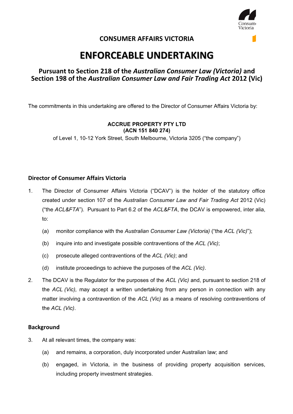 Accrue Property Pty Ltd Enforceable Undertaking