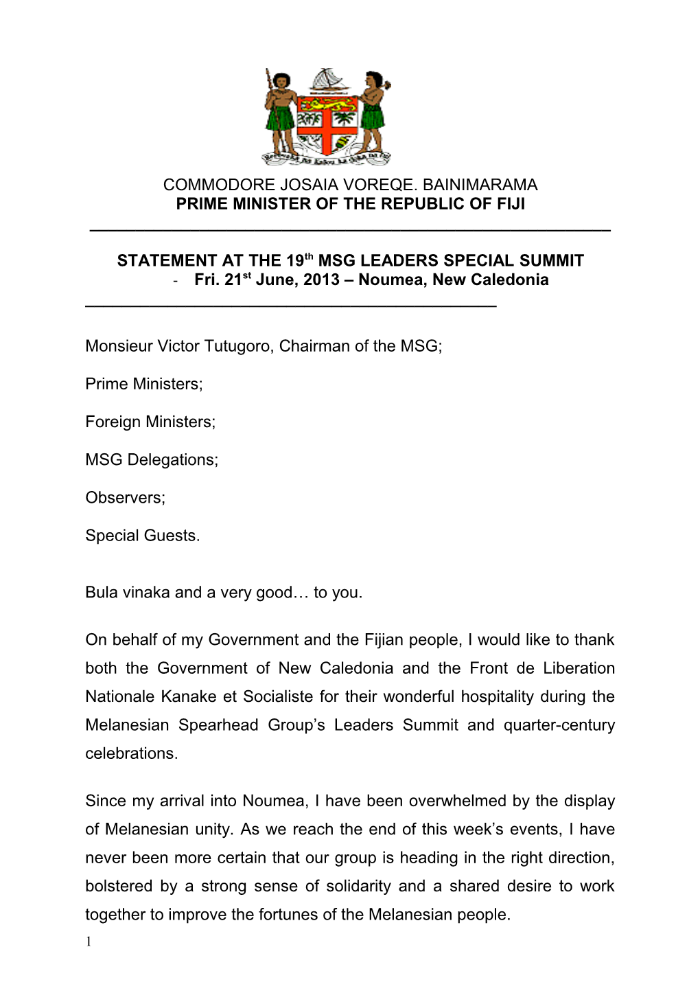 Prime Minister of the Republic of Fiji