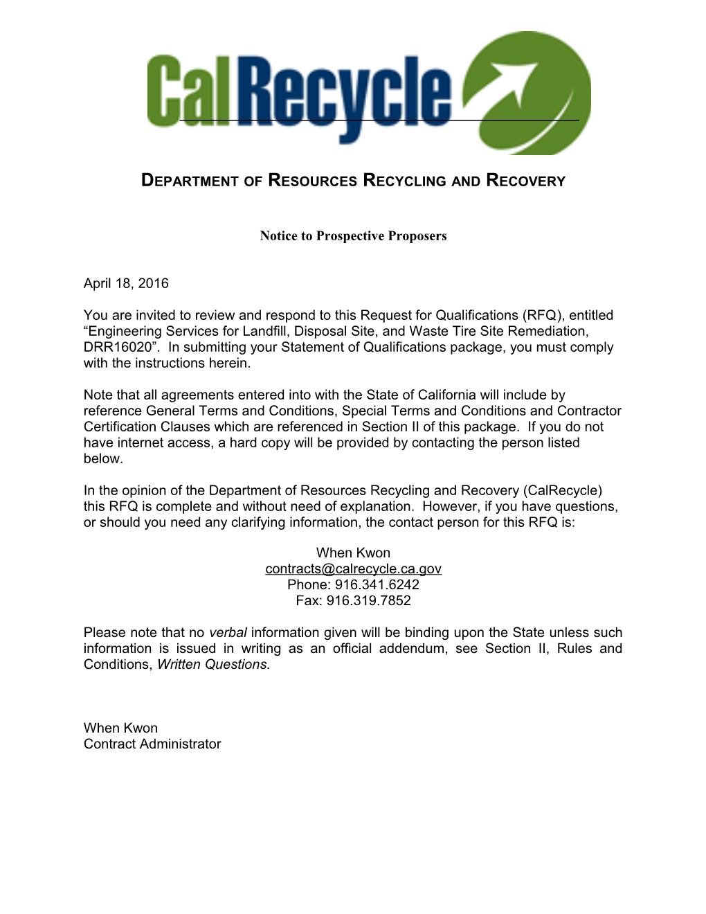 Notice to Prospective Proposers