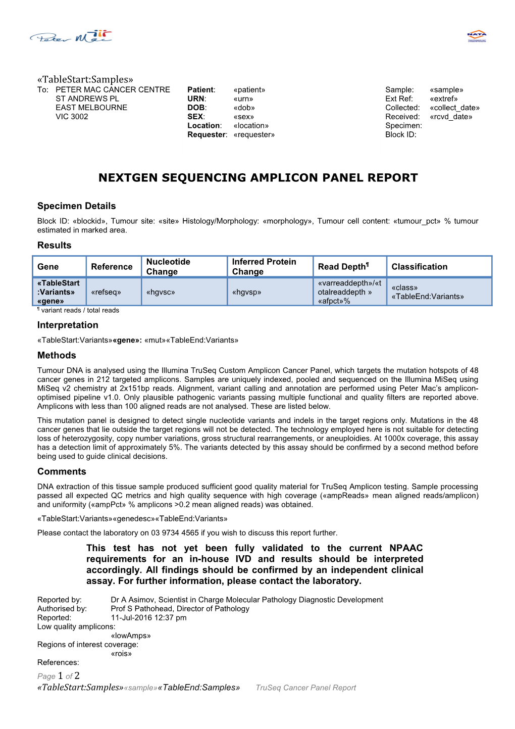 Molecular Pathology Clinical Sequencing Template